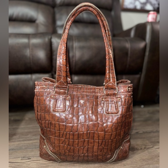 Vintage Liz Claiborne Faux Croc Tote Brown Y2K Shoulder Bag - Picture 2 of 12